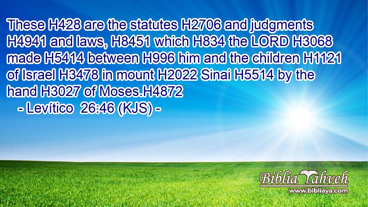 These H428 are the statutes H2706 and judgments H4941 and laws, H8451 which H834 the LORD H3068 made H5414 between H996 him and the children H1121 of Israel H3478 in mount H2022 Sinai H5514 by the hand H3027 of Moses.H4872