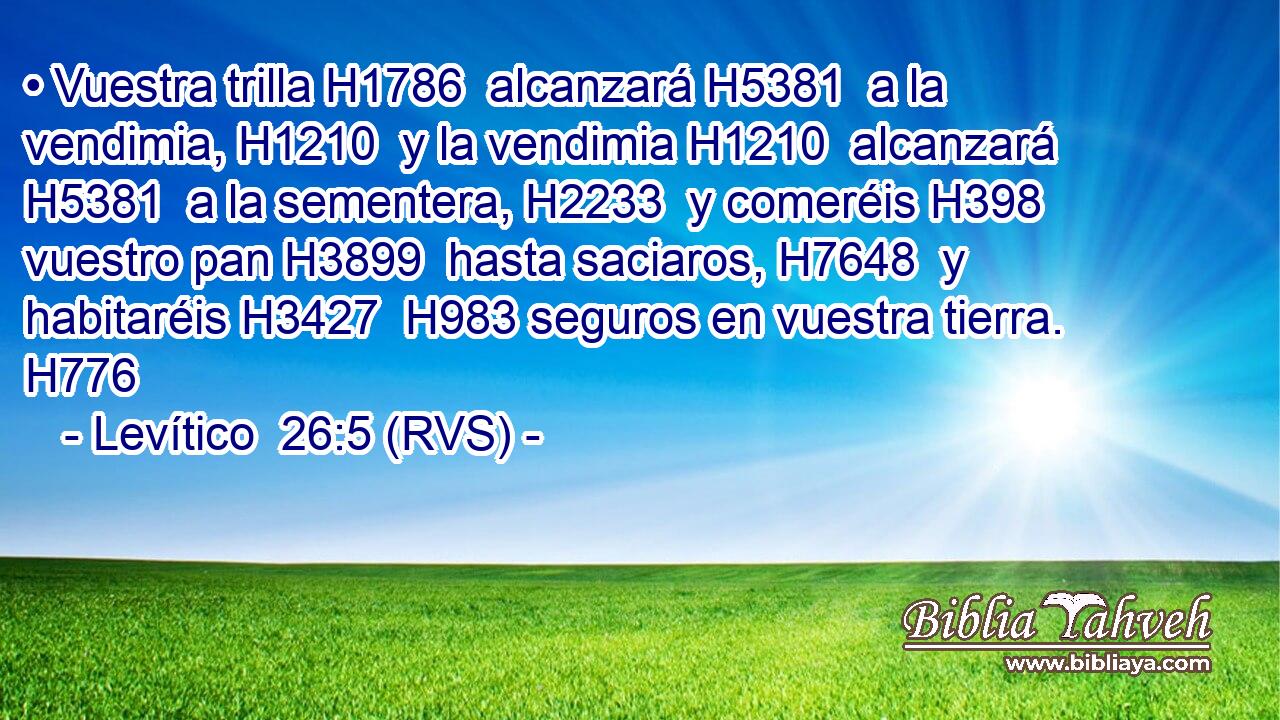 • Vuestra trilla H1786  alcanzará H5381  a la vendimia, H1210  y la vendimia H1210  alcanzará H5381  a la sementera, H2233  y comeréis H398  vuestro pan H3899  hasta saciaros, H7648  y habitaréis H3427  H983 seguros en vuestra tierra. H776  
