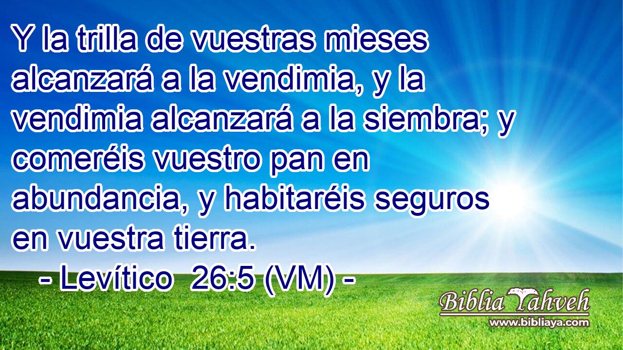  Y la trilla de vuestras mieses alcanzará a la vendimia, y la vendimia alcanzará a la siembra; y comeréis vuestro pan en abundancia, y habitaréis seguros en vuestra tierra. 