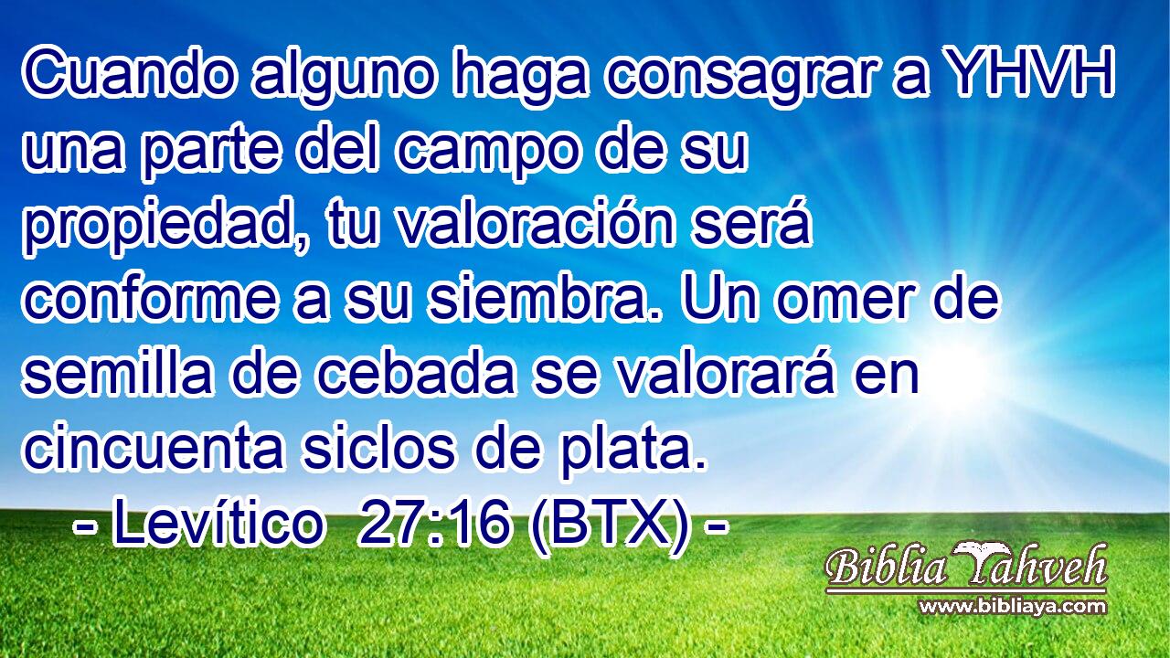 Cuando alguno haga consagrar a YHVH una parte del campo de su propiedad, tu valoración será conforme a su siembra. Un omer de semilla de cebada se valorará en cincuenta siclos de plata.
