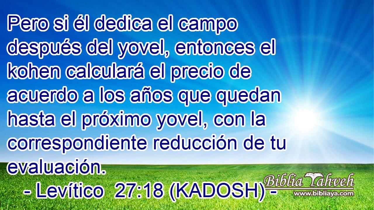  Pero si él dedica el campo después del yovel, entonces el kohen calculará el precio de acuerdo a los años que quedan hasta el próximo yovel, con la correspondiente reducción de tu evaluación. 