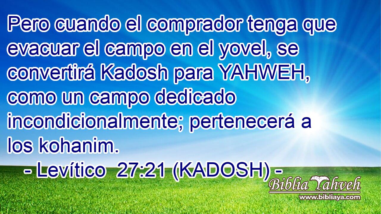  Pero cuando el comprador tenga que evacuar el campo en el yovel, se convertirá Kadosh para YAHWEH, como un campo dedicado incondicionalmente; pertenecerá a los kohanim. 