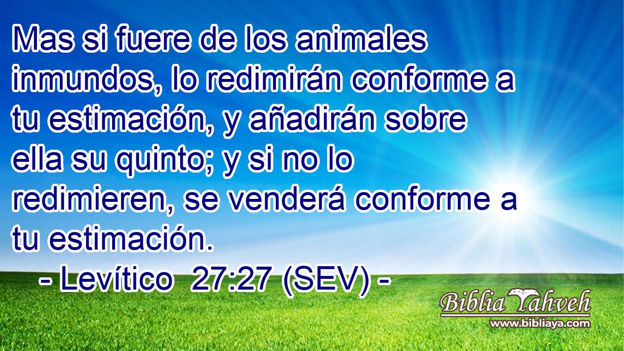 Mas si fuere de los animales inmundos, lo redimirán conforme a tu estimación, y añadirán sobre ella su quinto; y si no lo redimieren, se venderá conforme a tu estimación.