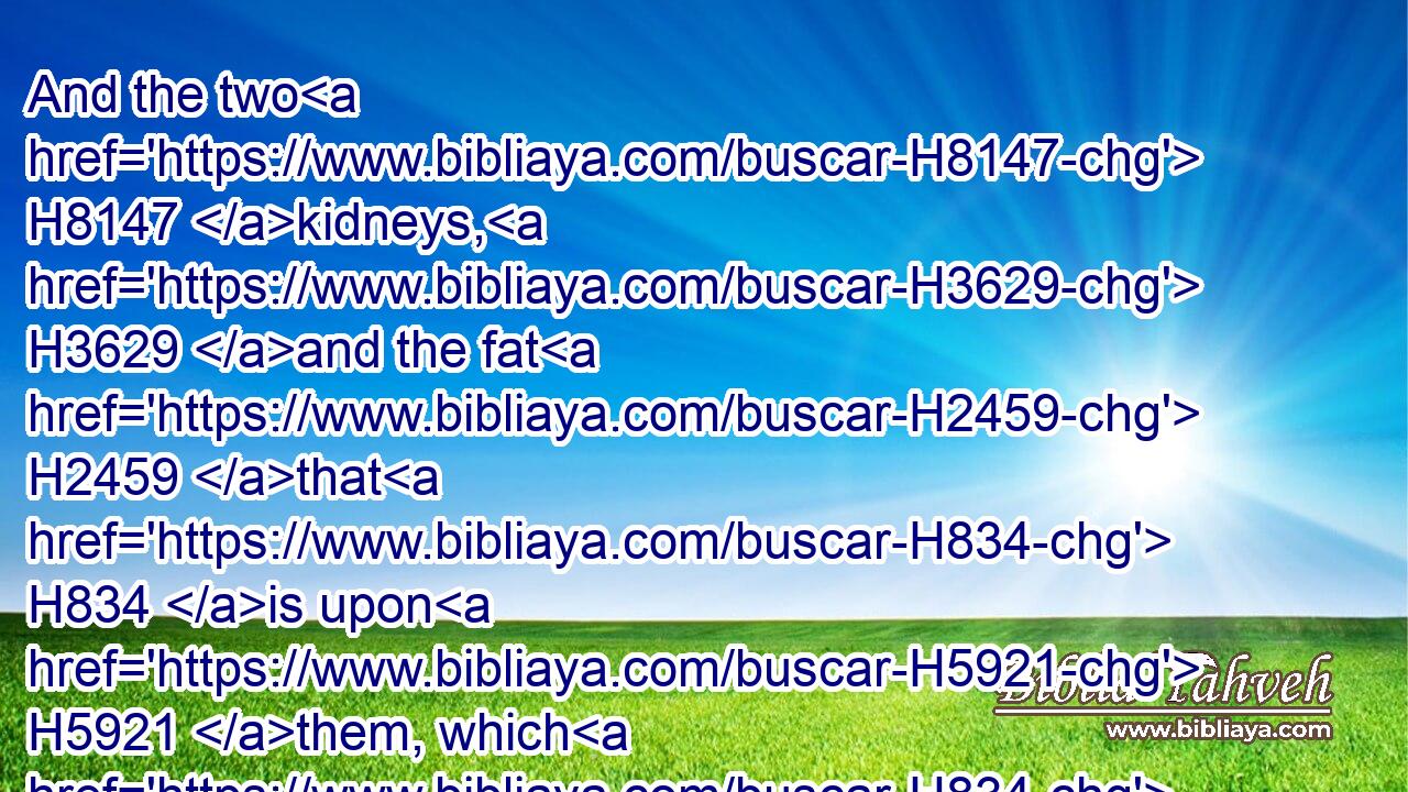 And the two H8147 kidneys, H3629 and the fat H2459 that H834 is upon H5921 them, which H834 is by H5921 the flanks, H3689 and the caul H3508 above H5921 the liver, H3516 with H5921 the kidneys, H3629 it shall he take away.H5493