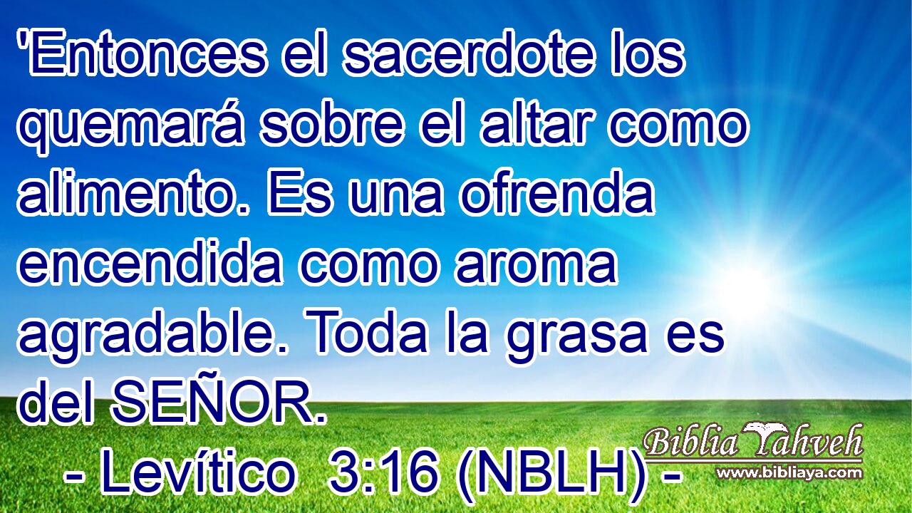  'Entonces el sacerdote los quemará sobre el altar como alimento. Es una ofrenda encendida como aroma agradable. Toda la grasa es del SEÑOR. 