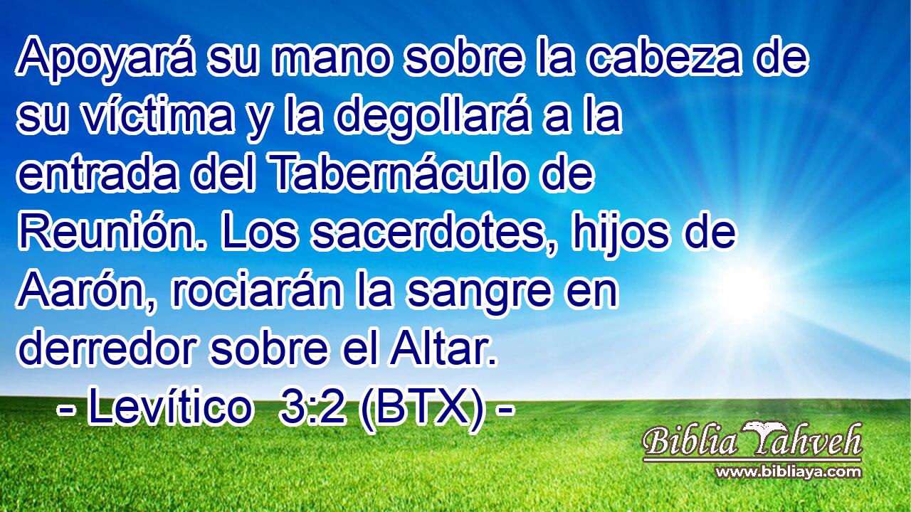 Apoyará su mano sobre la cabeza de su víctima y la degollará a la entrada del Tabernáculo de Reunión. Los sacerdotes, hijos de Aarón, rociarán la sangre en derredor sobre el Altar.