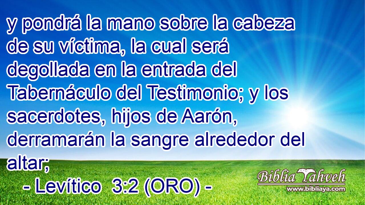  y pondrá la mano sobre la cabeza de su víctima, la cual será degollada en la entrada del Tabernáculo del Testimonio; y los sacerdotes, hijos de Aarón, derramarán la sangre alrededor del altar; 