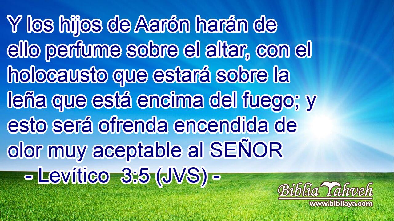 Y los hijos de Aarón harán de ello perfume sobre el altar, con el holocausto que estará sobre la leña que está encima del fuego; y esto será ofrenda encendida de olor muy aceptable al SEÑOR
