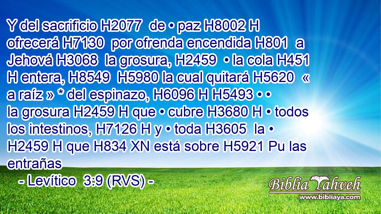 Y del sacrificio H2077  de • paz H8002 H ofrecerá H7130  por ofrenda encendida H801  a Jehová H3068  la grosura, H2459  • la cola H451 H entera, H8549  H5980 la cual quitará H5620  « a raíz » * del espinazo, H6096 H H5493 • • la grosura H2459 H que • cubre H3680 H • todos los intestinos, H7126 H y • toda H3605  la • H2459 H que H834 XN está sobre H5921 Pu las entrañas