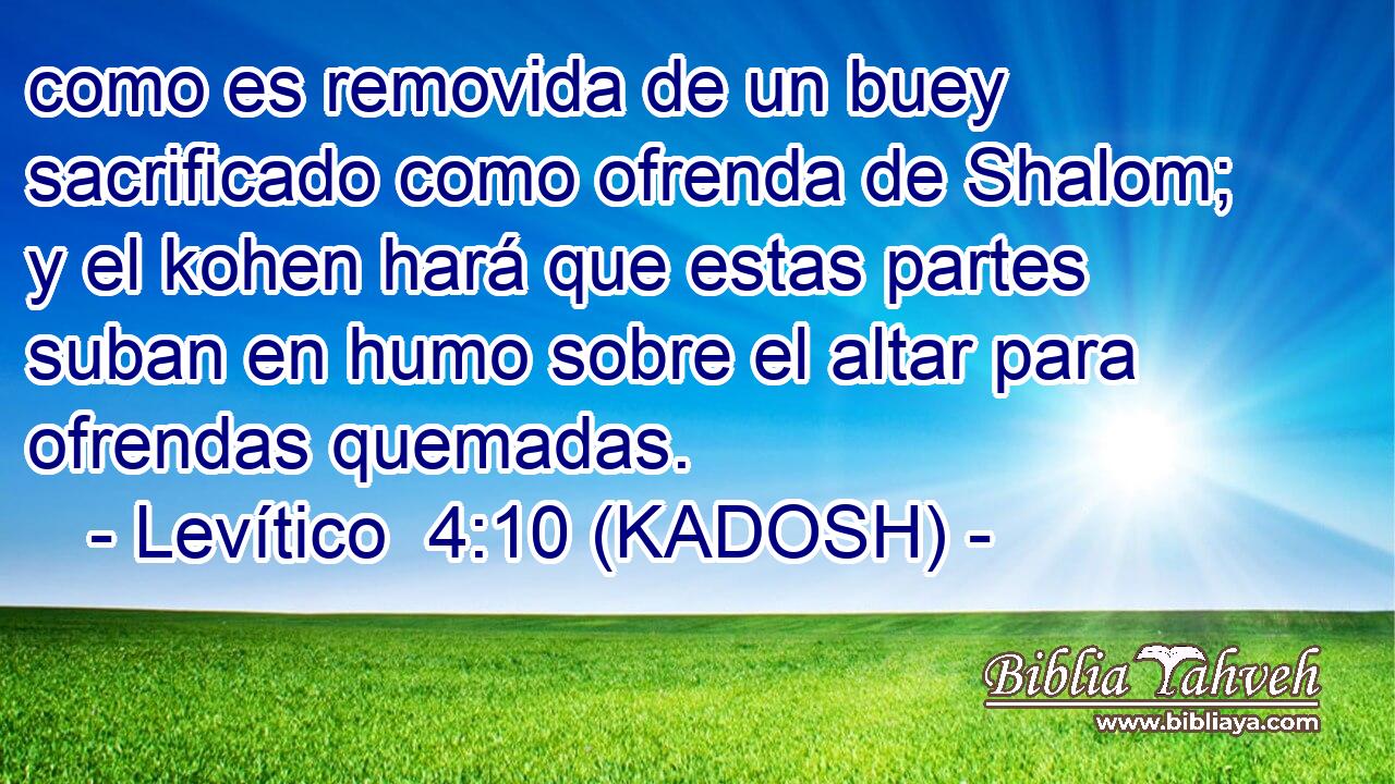  como es removida de un buey sacrificado como ofrenda de Shalom; y el kohen hará que estas partes suban en humo sobre el altar para ofrendas quemadas. 