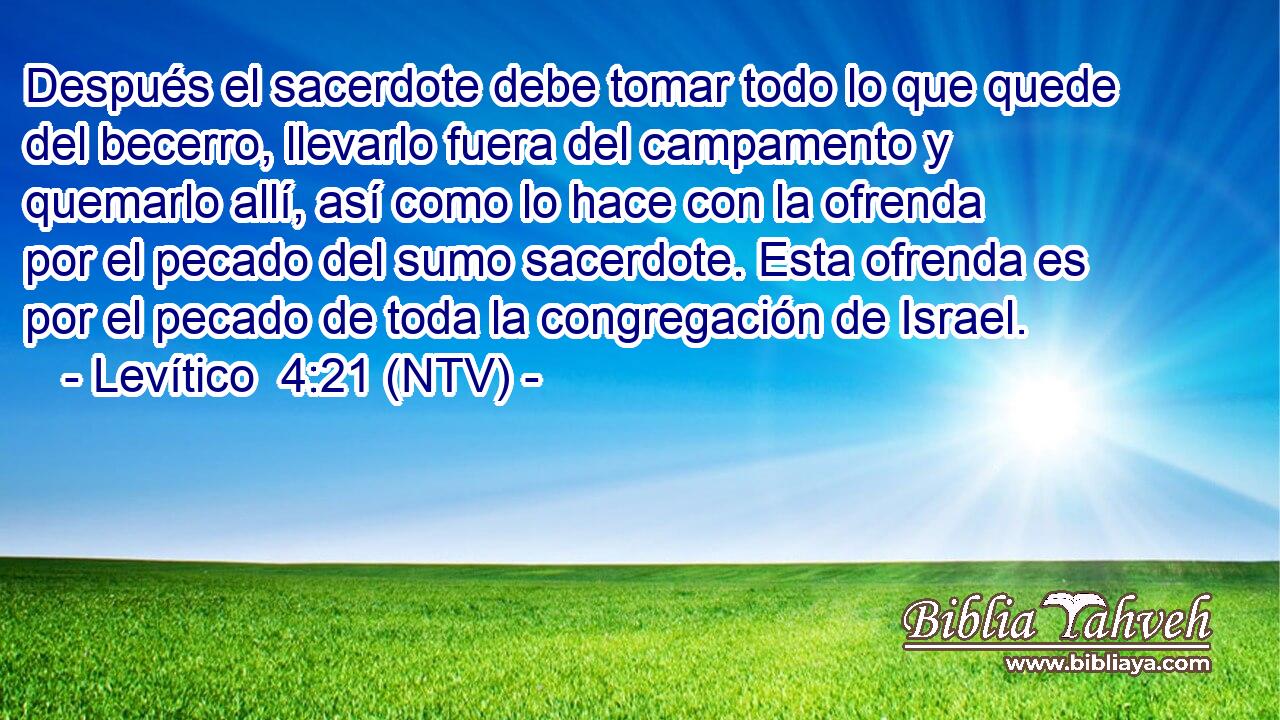 Después el sacerdote debe tomar todo lo que quede del becerro, llevarlo fuera del campamento y quemarlo allí, así como lo hace con la ofrenda por el pecado del sumo sacerdote. Esta ofrenda es por el pecado de toda la congregación de Israel.