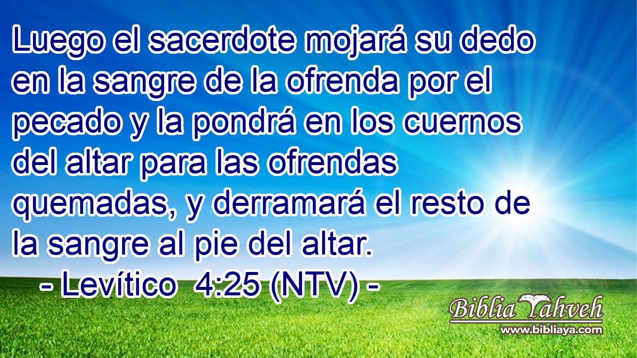 Luego el sacerdote mojará su dedo en la sangre de la ofrenda por el pecado y la pondrá en los cuernos del altar para las ofrendas quemadas, y derramará el resto de la sangre al pie del altar.