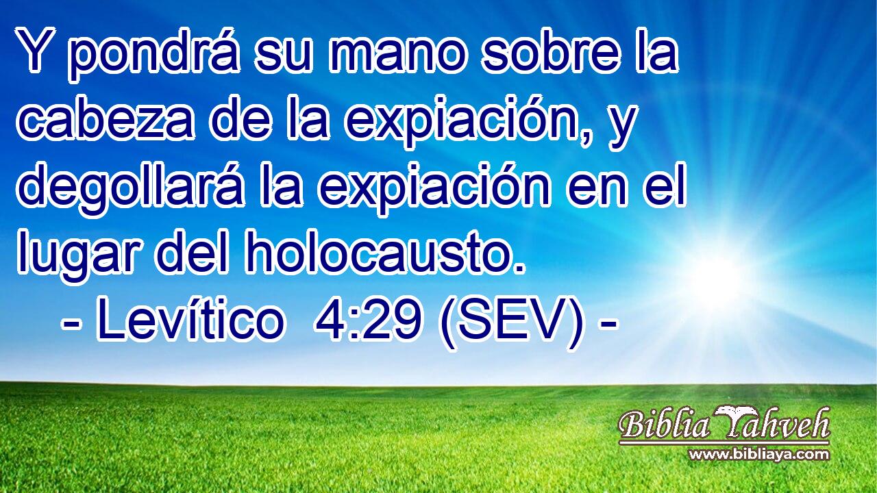 Y pondrá su mano sobre la cabeza de la expiación, y degollará la expiación en el lugar del holocausto.
