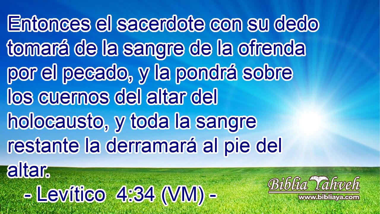  Entonces el sacerdote con su dedo tomará de la sangre de la ofrenda por el pecado, y la pondrá sobre los cuernos del altar del holocausto, y toda la sangre restante la derramará al pie del altar. 