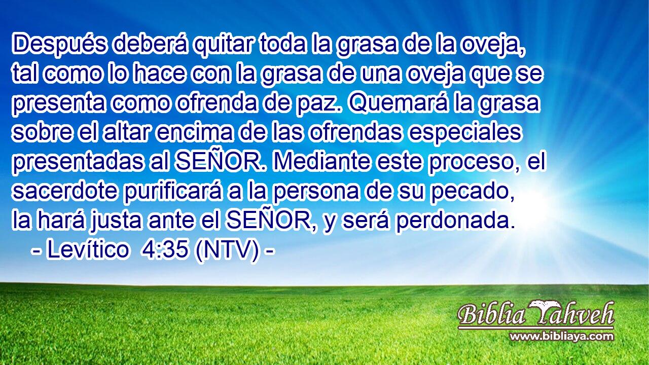 Después deberá quitar toda la grasa de la oveja, tal como lo hace con la grasa de una oveja que se presenta como ofrenda de paz. Quemará la grasa sobre el altar encima de las ofrendas especiales presentadas al SEÑOR. Mediante este proceso, el sacerdote purificará a la persona de su pecado, la hará justa ante el SEÑOR, y será perdonada.