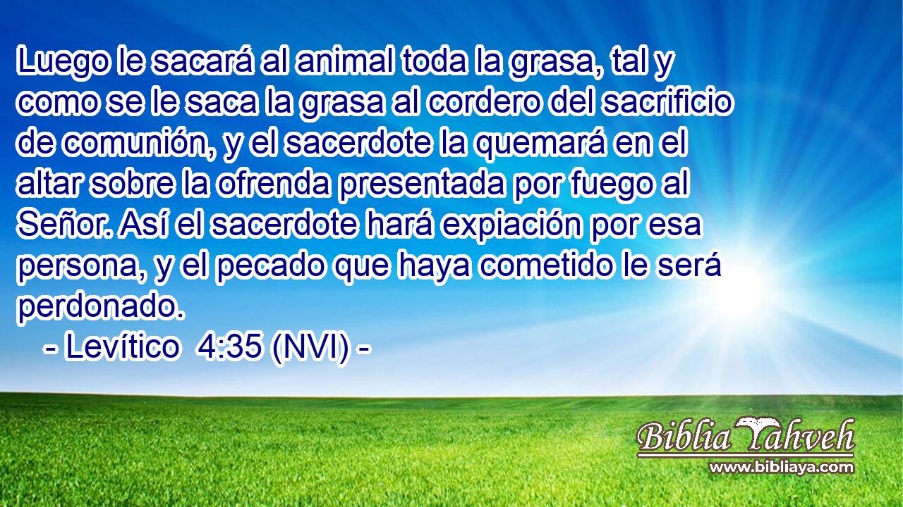  Luego le sacará al animal toda la grasa, tal y como se le saca la grasa al cordero del sacrificio de comunión, y el sacerdote la quemará en el altar sobre la ofrenda presentada por fuego al Señor. Así el sacerdote hará expiación por esa persona, y el pecado que haya cometido le será perdonado. 