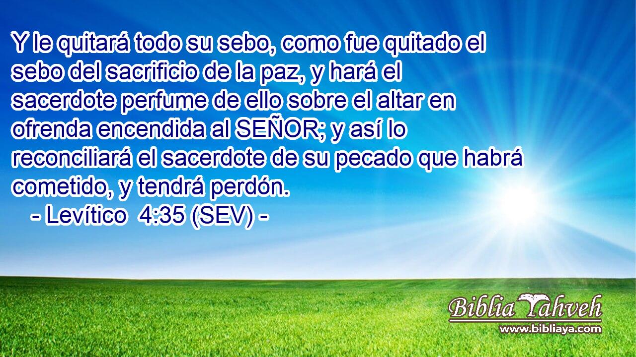 Y le quitará todo su sebo, como fue quitado el sebo del sacrificio de la paz, y hará el sacerdote perfume de ello sobre el altar en ofrenda encendida al SEÑOR; y así lo reconciliará el sacerdote de su pecado que habrá cometido, y tendrá perdón.