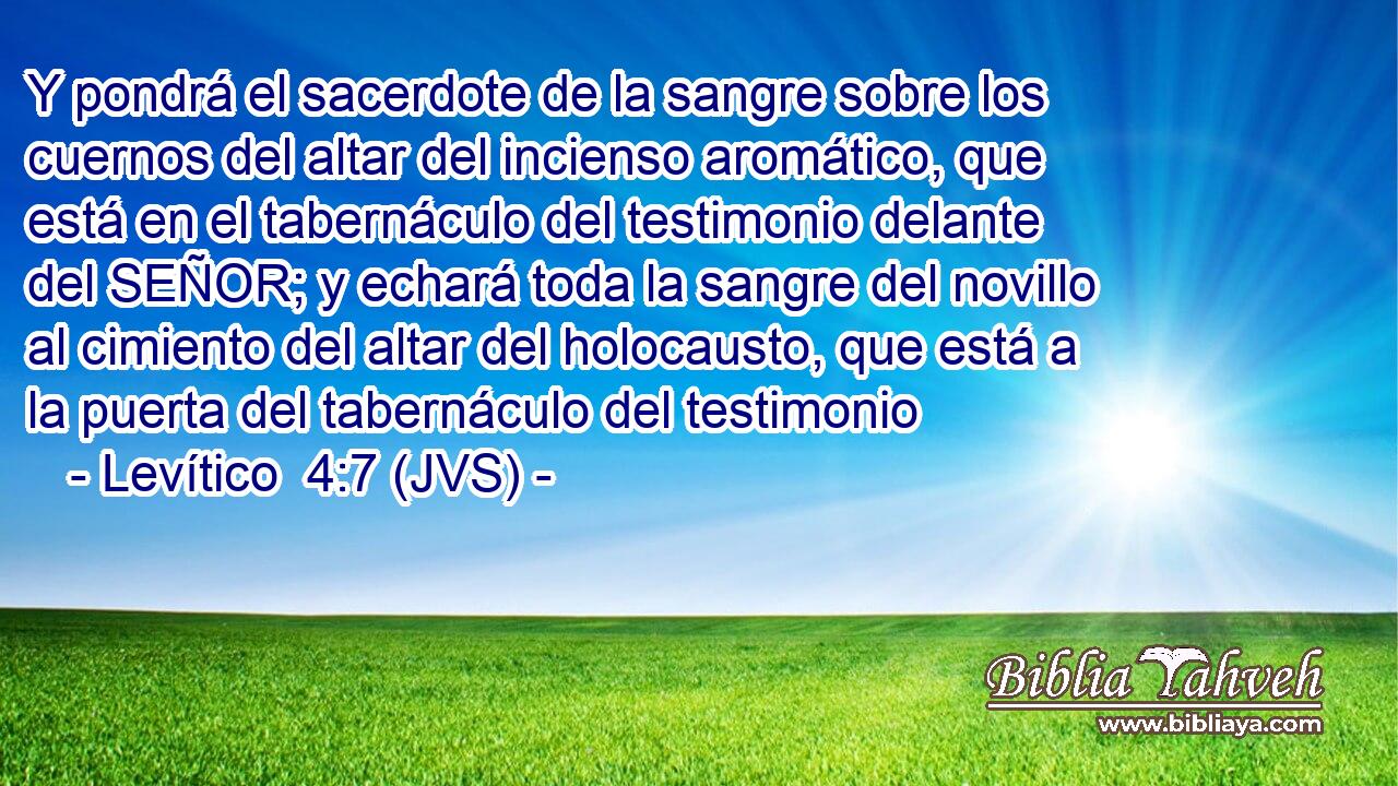 Y pondrá el sacerdote de la sangre sobre los cuernos del altar del incienso aromático, que está en el tabernáculo del testimonio delante del SEÑOR; y echará toda la sangre del novillo al cimiento del altar del holocausto, que está a la puerta del tabernáculo del testimonio