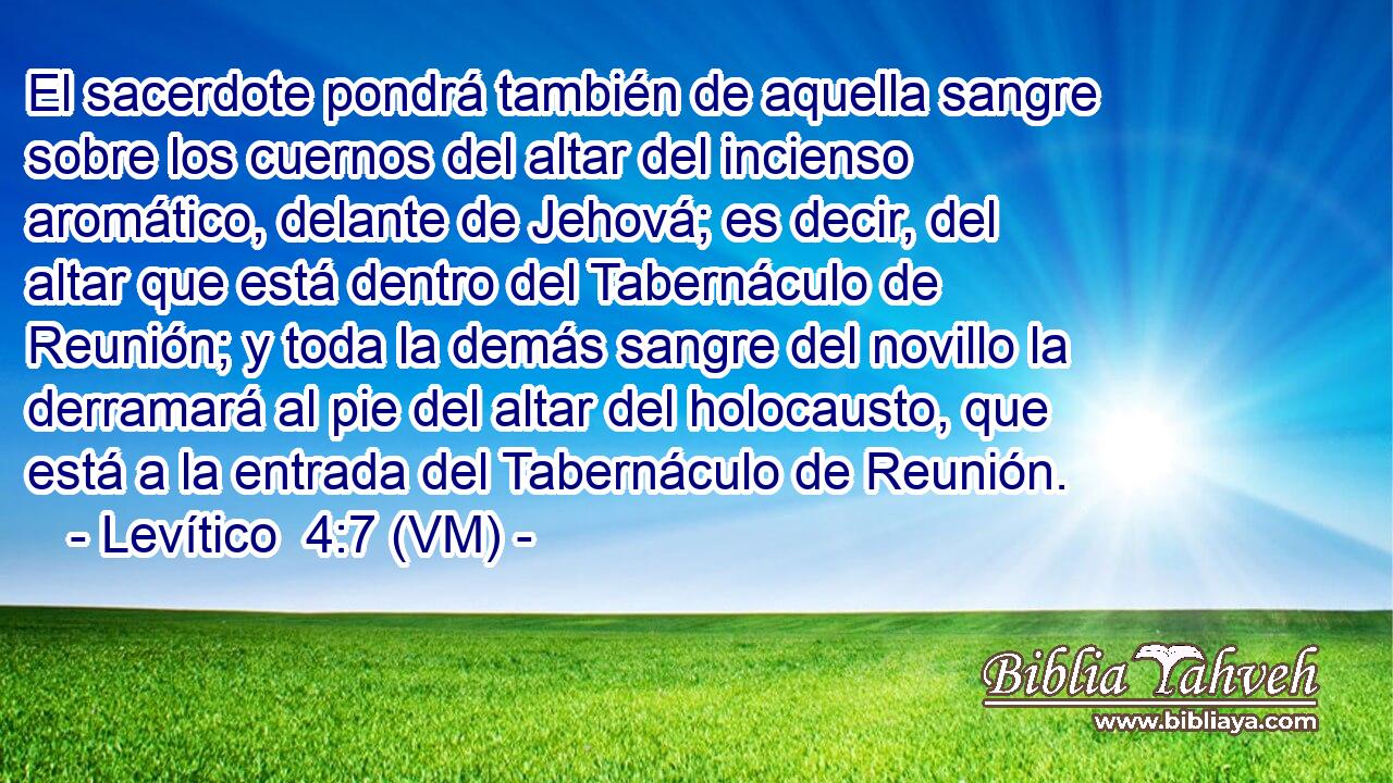  El sacerdote pondrá también de aquella sangre sobre los cuernos del altar del incienso aromático, delante de Jehová; es decir, del altar que está dentro del Tabernáculo de Reunión; y toda la demás sangre del novillo la derramará al pie del altar del holocausto, que está a la entrada del Tabernáculo de Reunión. 