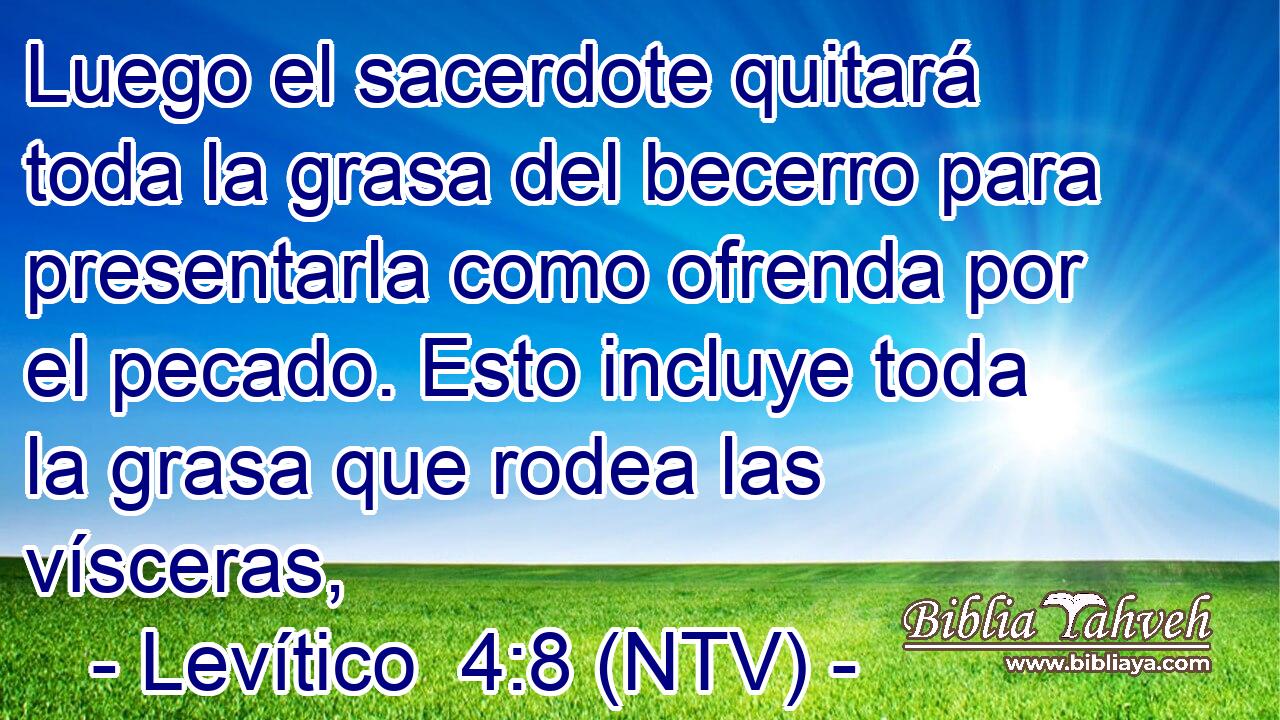 Luego el sacerdote quitará toda la grasa del becerro para presentarla como ofrenda por el pecado. Esto incluye toda la grasa que rodea las vísceras,