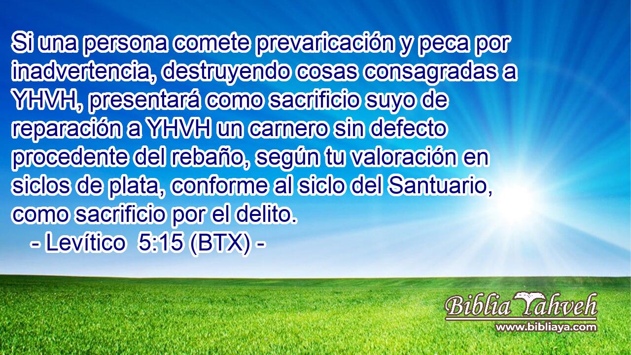 Si una persona comete prevaricación y peca por inadvertencia, destruyendo cosas consagradas a YHVH, presentará como sacrificio suyo de reparación a YHVH un carnero sin defecto procedente del rebaño, según tu valoración en siclos de plata, conforme al siclo del Santuario, como sacrificio por el delito.