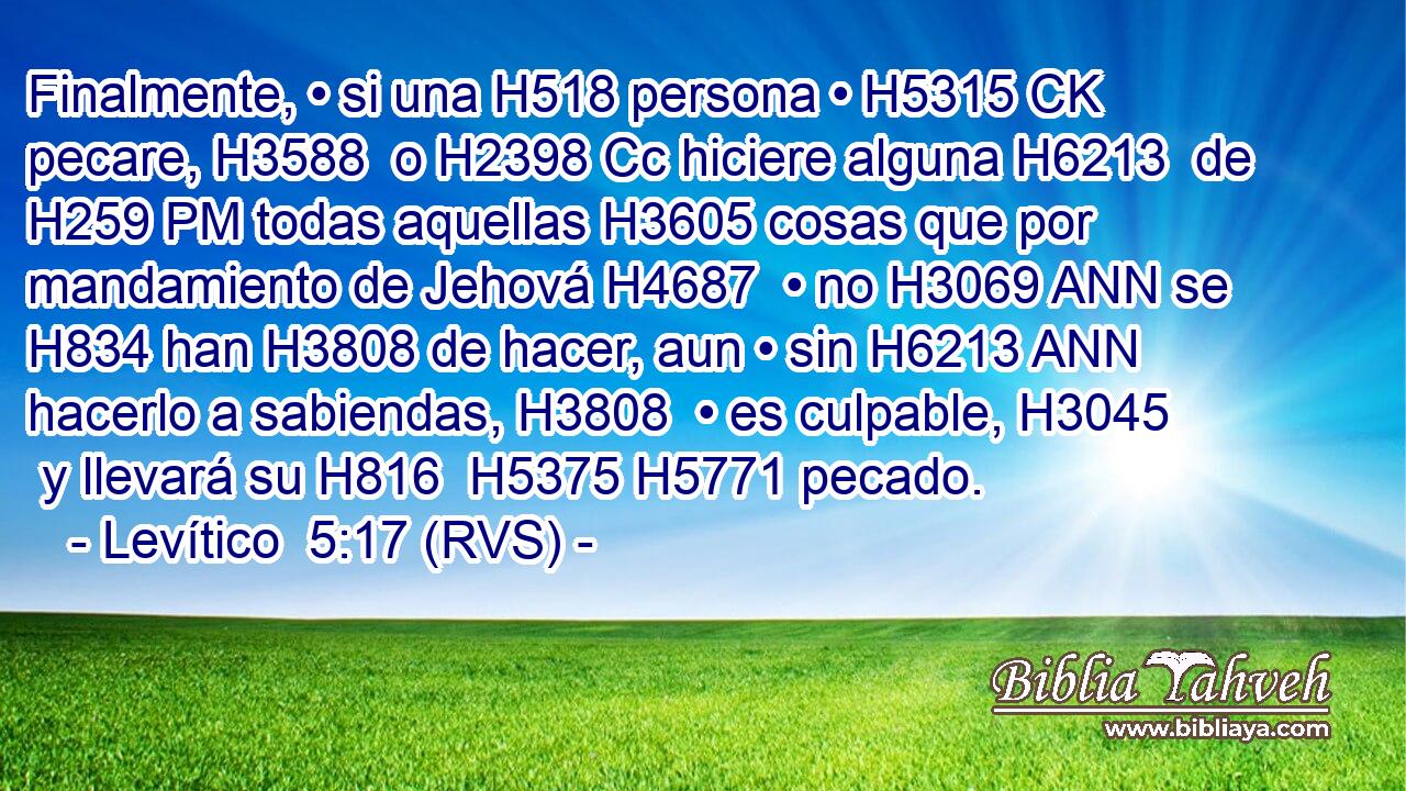 Finalmente, • si una H518 persona • H5315 CK pecare, H3588  o H2398 Cc hiciere alguna H6213  de H259 PM todas aquellas H3605 cosas que por mandamiento de Jehová H4687  • no H3069 ANN se H834 han H3808 de hacer, aun • sin H6213 ANN hacerlo a sabiendas, H3808  • es culpable, H3045  y llevará su H816  H5375 H5771 pecado. 