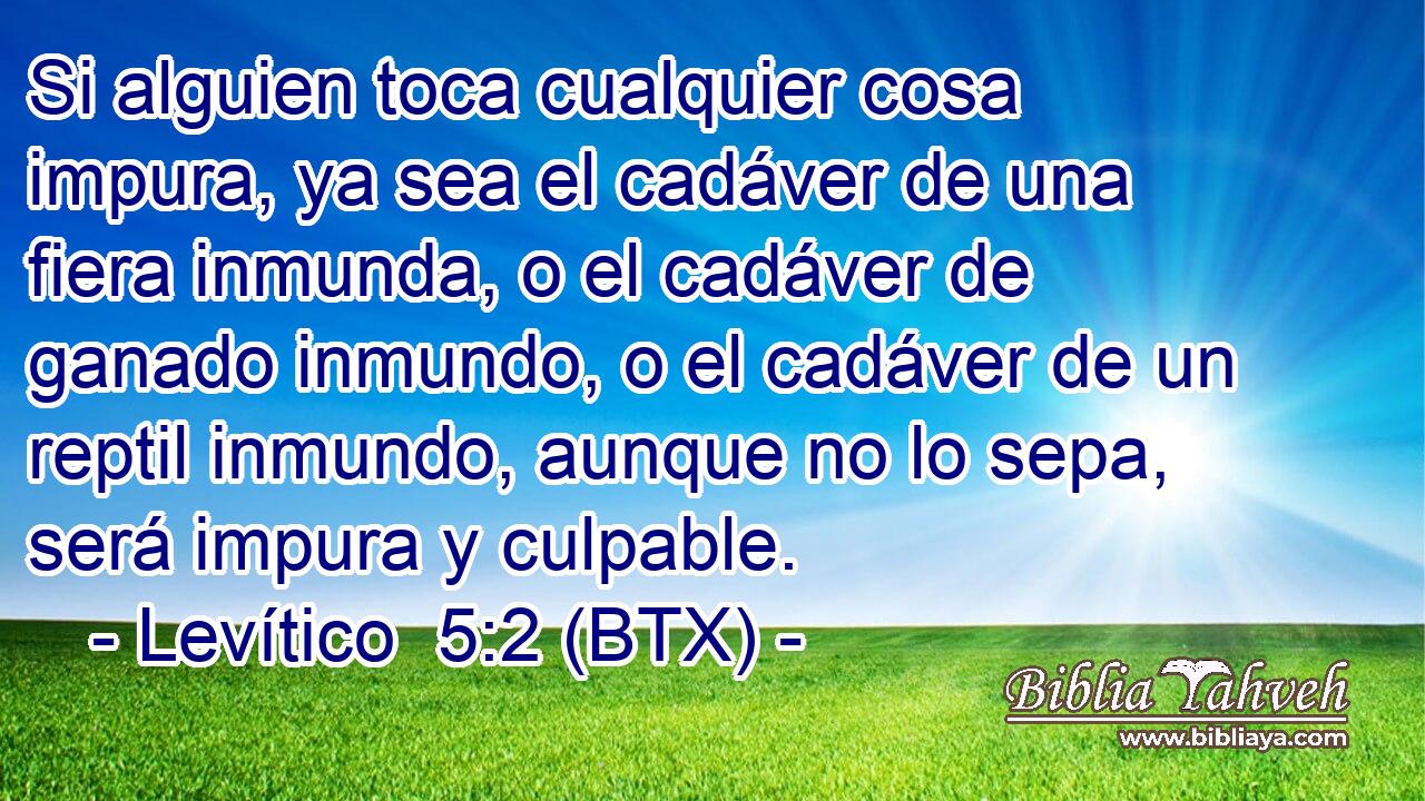 Si alguien toca cualquier cosa impura, ya sea el cadáver de una fiera inmunda, o el cadáver de ganado inmundo, o el cadáver de un reptil inmundo, aunque no lo sepa, será impura y culpable.
