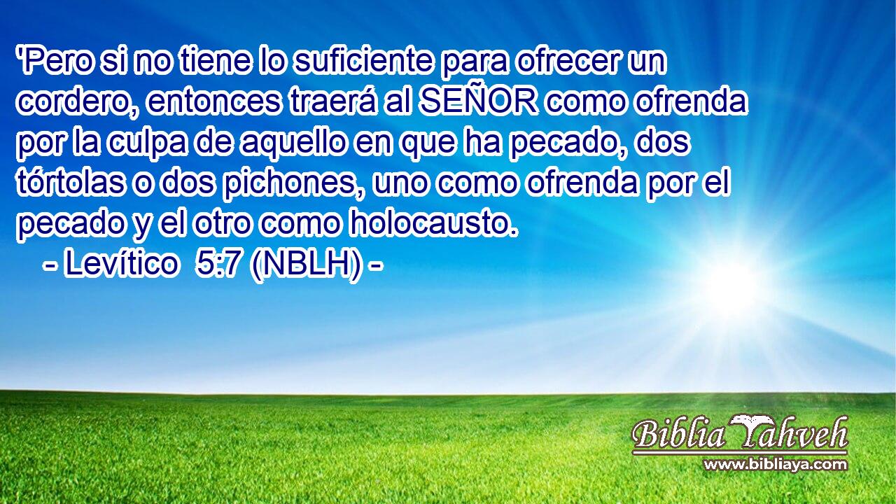 'Pero si no tiene lo suficiente para ofrecer un cordero, entonces traerá al SEÑOR como ofrenda por la culpa de aquello en que ha pecado, dos tórtolas o dos pichones, uno como ofrenda por el pecado y el otro como holocausto. 