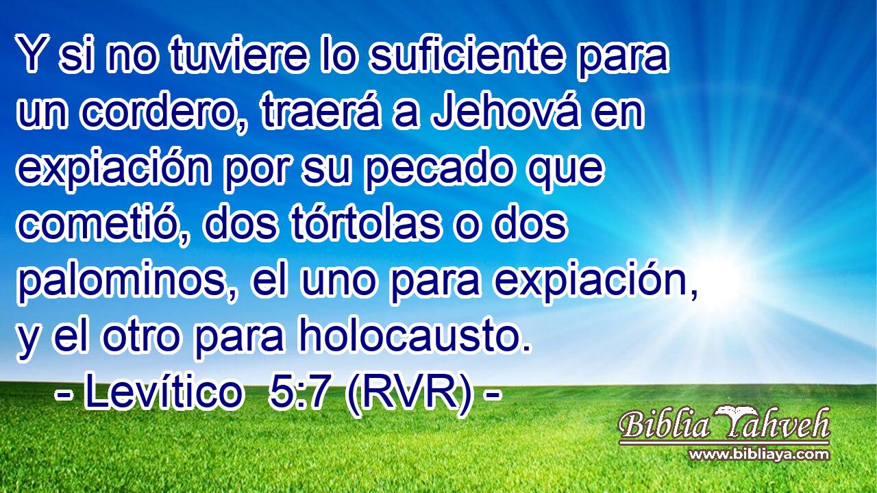 Y si no tuviere lo suficiente para un cordero, traerá a Jehová en expiación por su pecado que cometió, dos tórtolas o dos palominos, el uno para expiación, y el otro para holocausto.
