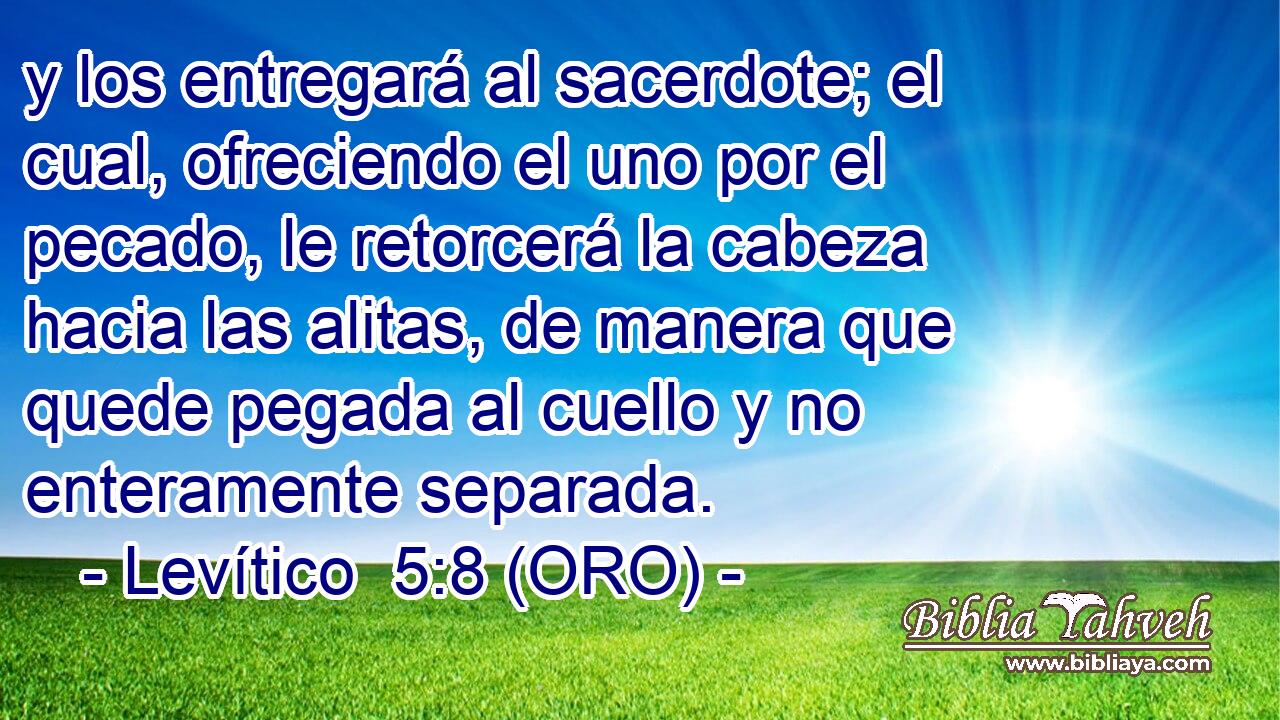  y los entregará al sacerdote; el cual, ofreciendo el uno por el pecado, le retorcerá la cabeza hacia las alitas, de manera que quede pegada al cuello y no enteramente separada. 