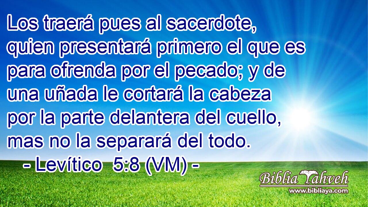  Los traerá pues al sacerdote, quien presentará primero el que es para ofrenda por el pecado; y de una uñada le cortará la cabeza por la parte delantera del cuello, mas no la separará del todo. 