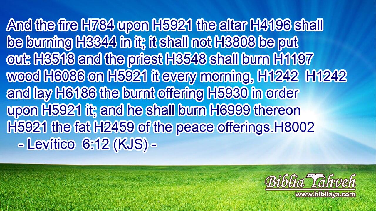 And the fire H784 upon H5921 the altar H4196 shall be burning H3344 in it; it shall not H3808 be put out: H3518 and the priest H3548 shall burn H1197 wood H6086 on H5921 it every morning, H1242  H1242 and lay H6186 the burnt offering H5930 in order upon H5921 it; and he shall burn H6999 thereon H5921 the fat H2459 of the peace offerings.H8002