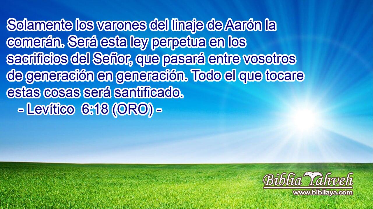  Solamente los varones del linaje de Aarón la comerán. Será esta ley perpetua en los sacrificios del Señor, que pasará entre vosotros de generación en generación. Todo el que tocare estas cosas será santificado. 