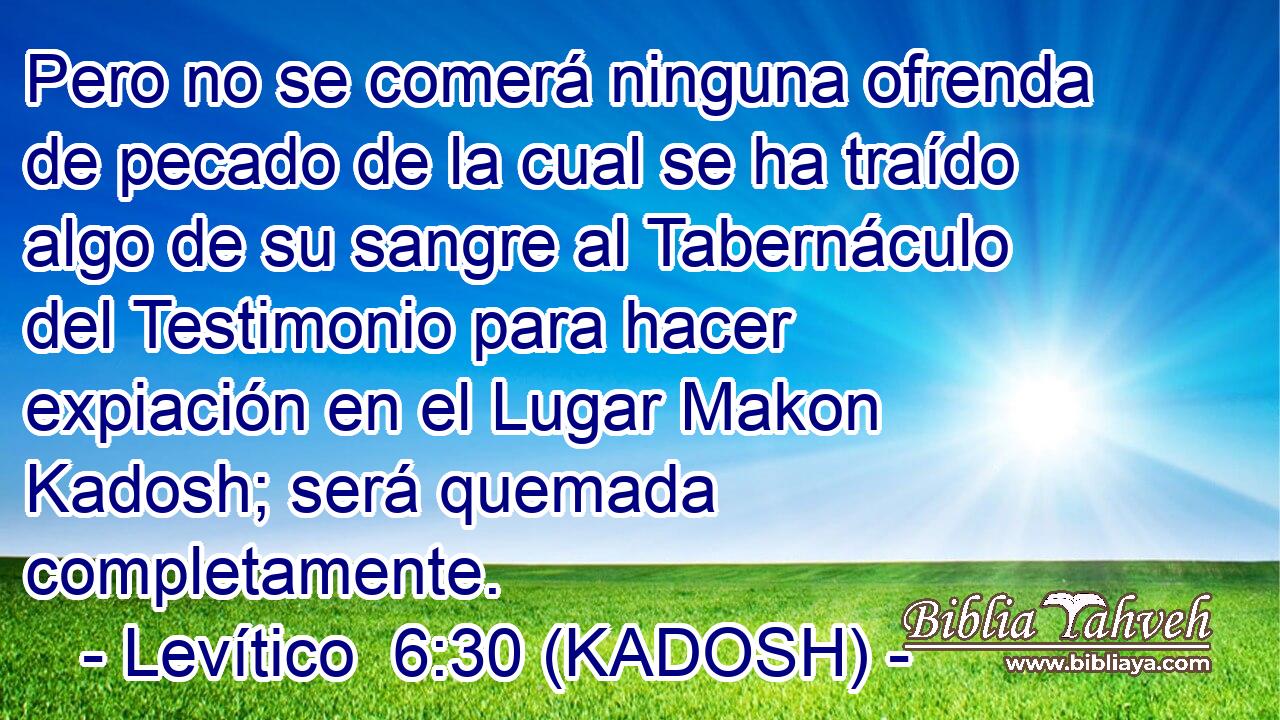  Pero no se comerá ninguna ofrenda de pecado de la cual se ha traído algo de su sangre al Tabernáculo del Testimonio para hacer expiación en el Lugar Makon Kadosh; será quemada completamente. 