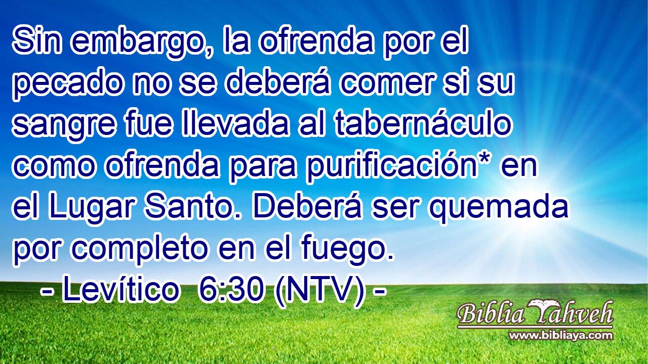Sin embargo, la ofrenda por el pecado no se deberá comer si su sangre fue llevada al tabernáculo como ofrenda para purificación* en el Lugar Santo. Deberá ser quemada por completo en el fuego.