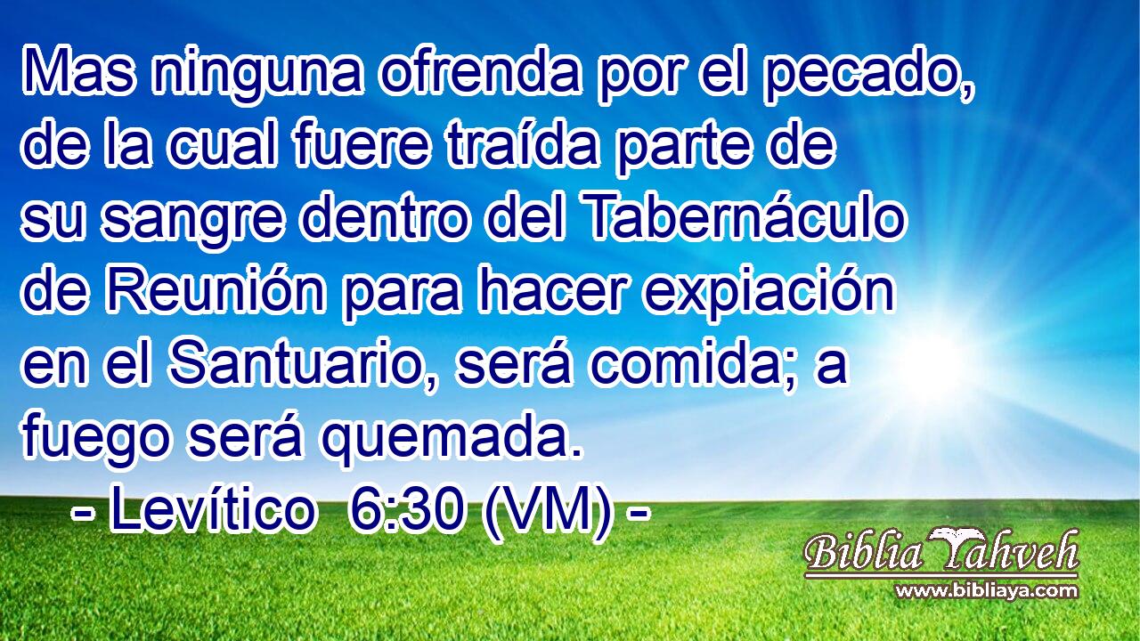  Mas ninguna ofrenda por el pecado, de la cual fuere traída parte de su sangre dentro del Tabernáculo de Reunión para hacer expiación en el Santuario, será comida; a fuego será quemada. 