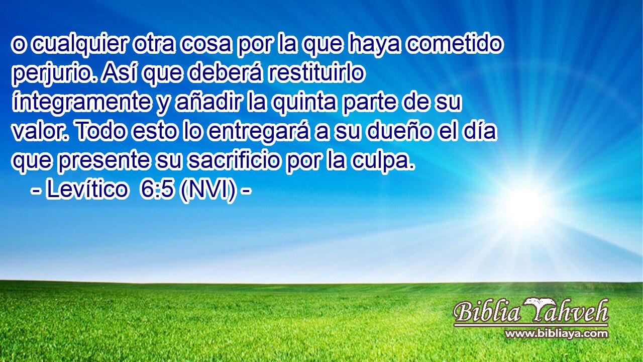  o cualquier otra cosa por la que haya cometido perjurio. Así que deberá restituirlo íntegramente y añadir la quinta parte de su valor. Todo esto lo entregará a su dueño el día que presente su sacrificio por la culpa. 