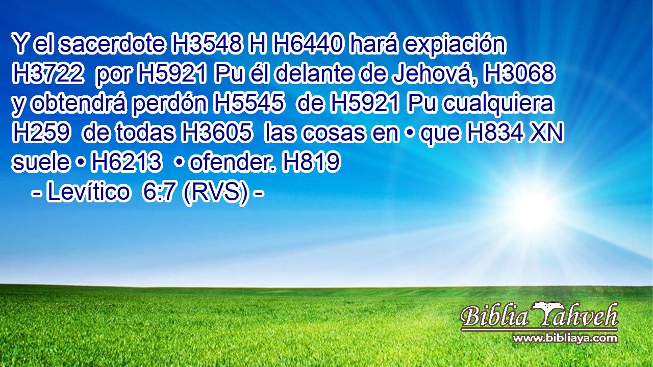 Y el sacerdote H3548 H H6440 hará expiación H3722  por H5921 Pu él delante de Jehová, H3068  y obtendrá perdón H5545  de H5921 Pu cualquiera H259  de todas H3605  las cosas en • que H834 XN suele • H6213  • ofender. H819  