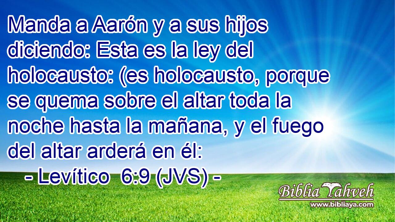 Manda a Aarón y a sus hijos diciendo: Esta es la ley del holocausto: (es holocausto, porque se quema sobre el altar toda la noche hasta la mañana, y el fuego del altar arderá en él: