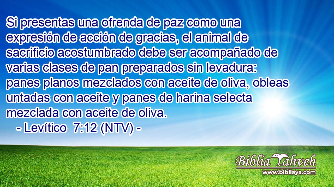 Si presentas una ofrenda de paz como una expresión de acción de gracias, el animal de sacrificio acostumbrado debe ser acompañado de varias clases de pan preparados sin levadura: panes planos mezclados con aceite de oliva, obleas untadas con aceite y panes de harina selecta mezclada con aceite de oliva.