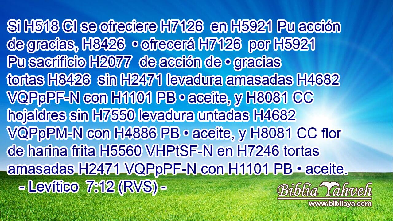 Si H518 CI se ofreciere H7126  en H5921 Pu acción de gracias, H8426  • ofrecerá H7126  por H5921 Pu sacrificio H2077  de acción de • gracias tortas H8426  sin H2471 levadura amasadas H4682 VQPpPF-N con H1101 PB • aceite, y H8081 CC hojaldres sin H7550 levadura untadas H4682 VQPpPM-N con H4886 PB • aceite, y H8081 CC flor de harina frita H5560 VHPtSF-N en H7246 tortas amasadas H2471 VQPpPF-N con H1101 PB • aceite. 