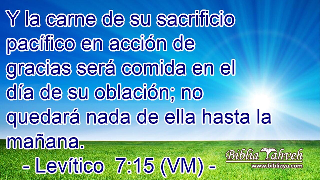  Y la carne de su sacrificio pacífico en acción de gracias será comida en el día de su oblación; no quedará nada de ella hasta la mañana. 