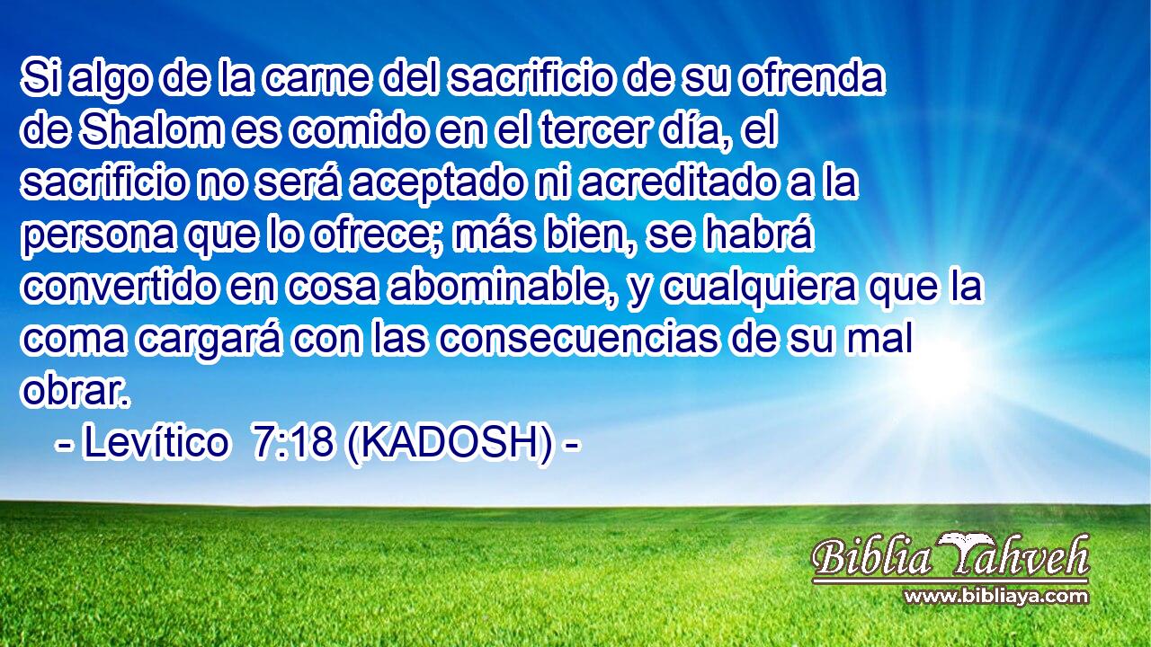  Si algo de la carne del sacrificio de su ofrenda de Shalom es comido en el tercer día, el sacrificio no será aceptado ni acreditado a la persona que lo ofrece; más bien, se habrá convertido en cosa abominable, y cualquiera que la coma cargará con las consecuencias de su mal obrar. 