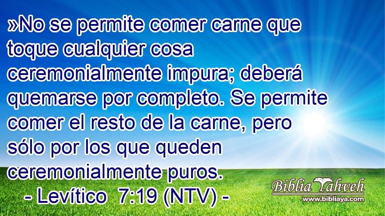 »No se permite comer carne que toque cualquier cosa ceremonialmente impura; deberá quemarse por completo. Se permite comer el resto de la carne, pero sólo por los que queden ceremonialmente puros.