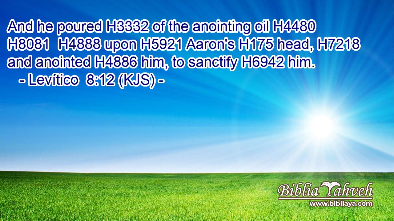 And he poured H3332 of the anointing oil H4480  H8081  H4888 upon H5921 Aaron's H175 head, H7218 and anointed H4886 him, to sanctify H6942 him.