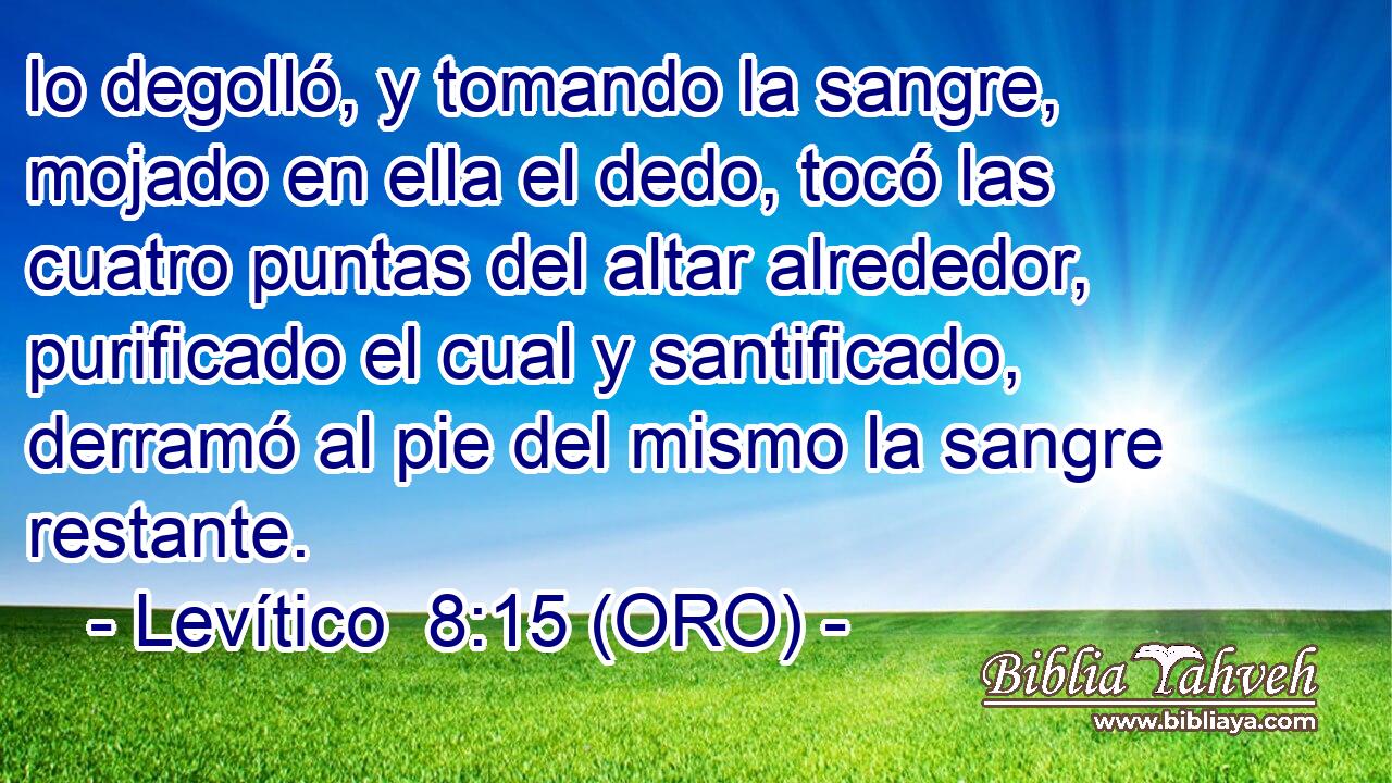  lo degolló, y tomando la sangre, mojado en ella el dedo, tocó las cuatro puntas del altar alrededor, purificado el cual y santificado, derramó al pie del mismo la sangre restante. 