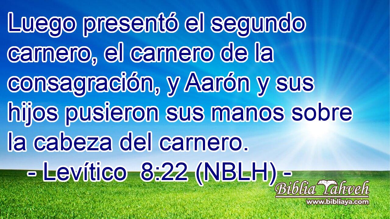  Luego presentó el segundo carnero, el carnero de la consagración, y Aarón y sus hijos pusieron sus manos sobre la cabeza del carnero. 