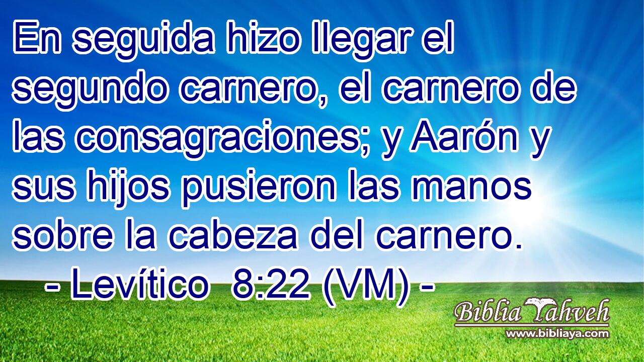  En seguida hizo llegar el segundo carnero, el carnero de las consagraciones; y Aarón y sus hijos pusieron las manos sobre la cabeza del carnero. 