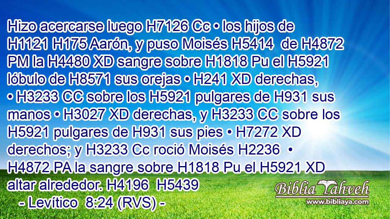 Hizo acercarse luego H7126 Cc • los hijos de H1121 H175 Aarón, y puso Moisés H5414  de H4872 PM la H4480 XD sangre sobre H1818 Pu el H5921 lóbulo de H8571 sus orejas • H241 XD derechas, • H3233 CC sobre los H5921 pulgares de H931 sus manos • H3027 XD derechas, y H3233 CC sobre los H5921 pulgares de H931 sus pies • H7272 XD derechos; y H3233 Cc roció Moisés H2236  • H4872 PA la sangre sobre H1818 Pu el H5921 XD altar alrededor. H4196  H5439 