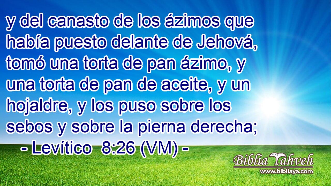  y del canasto de los ázimos que había puesto delante de Jehová, tomó una torta de pan ázimo, y una torta de pan de aceite, y un hojaldre, y los puso sobre los sebos y sobre la pierna derecha; 